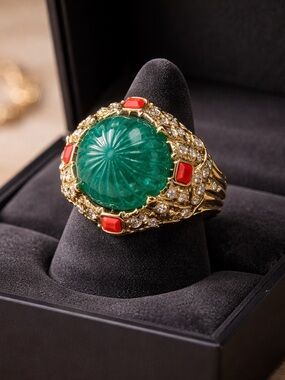 Gold-Tone Green Carved Center Ring with l Accent Stones